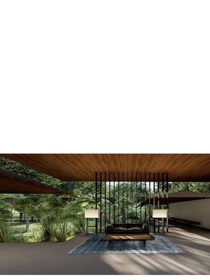 A rendering of an outdoor living space in a new family retreat. The architecture is about shaping the experience of the world around us.