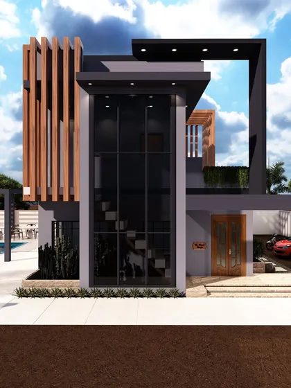 Our expertise extends beyond interiors to complete architectural design. This 3D visualization of a modern bungalow demonstrates our capability in creating stunning exteriors with dynamic forms, large glass facades, and a seamless blend of natural and contemporary materials.