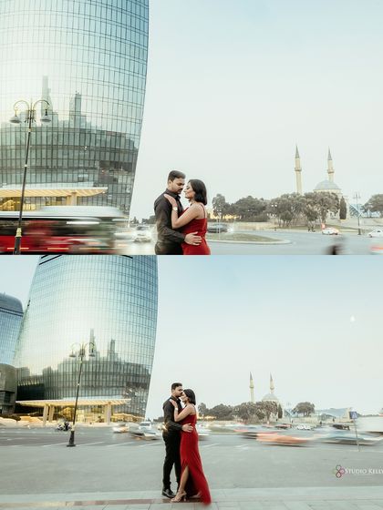 A creative long-exposure shot in Baku, capturing the stillness of the couple amidst the blur of city traffic. This technique adds a dynamic, urban energy to the romantic portrait.