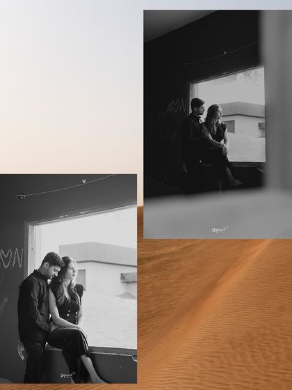 A moody, romantic collage of the couple framed by a window, looking out at the desert landscape.