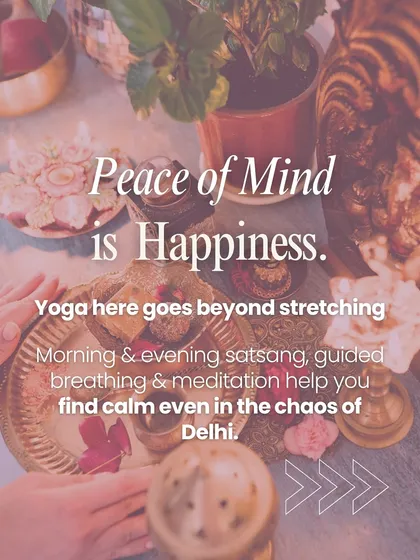 "Peace of Mind is Happiness." This image captures the serene atmosphere of our center, where morning and evening satsangs, guided breathing, and meditation provide a sanctuary from the chaos of city life.
