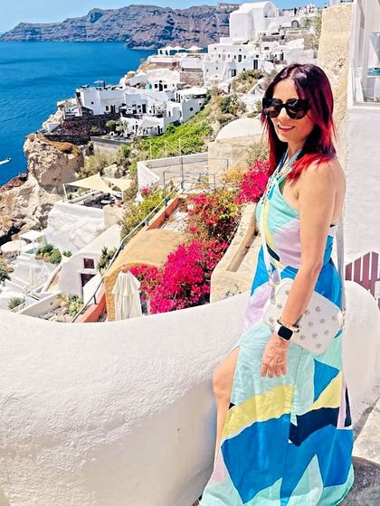 My fits are traveling the world! Here's a custom dress I designed for my client's lovely Greek vacation, featuring a vibrant, abstract print and a comfortable, flowing silhouette.