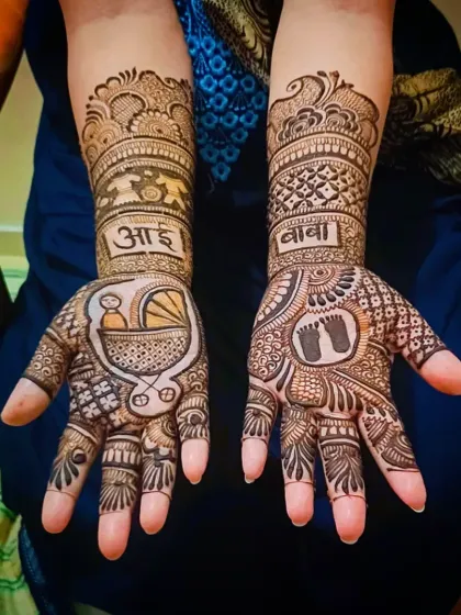 A sweet and traditional baby shower mehandi. This design includes a baby in a bassinet, tiny footprints, and the words "Aai" (Mother) and "Baba" (Father) in Hindi.