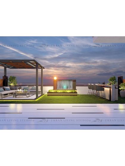 A 3D render of a proposed terrace in Ghaziabad. The design features a central lawn with a pergola lounge on one side and a bar on the other, all overlooking the horizon.
