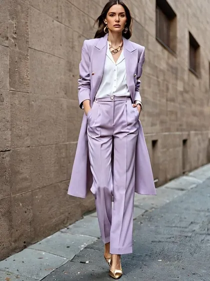 Here's where fashion meets the future. Using AI, I conceptualized this 'Soft Power' suit, a lavender ensemble that redefines modern elegance for women. This is how I explore and visualize cutting-edge style ideas for my clients.