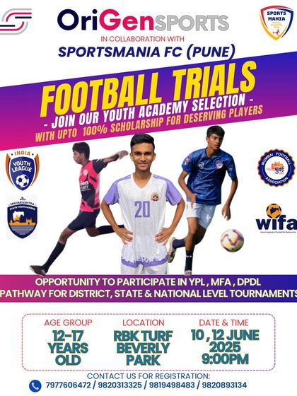 Your professional journey starts here. This is our official announcement for the boys' football trials (ages 12-17), offering a direct pathway to participate in YPL, MFA, and national tournaments, including the I-League, through our collaboration with Sportsmania FC.