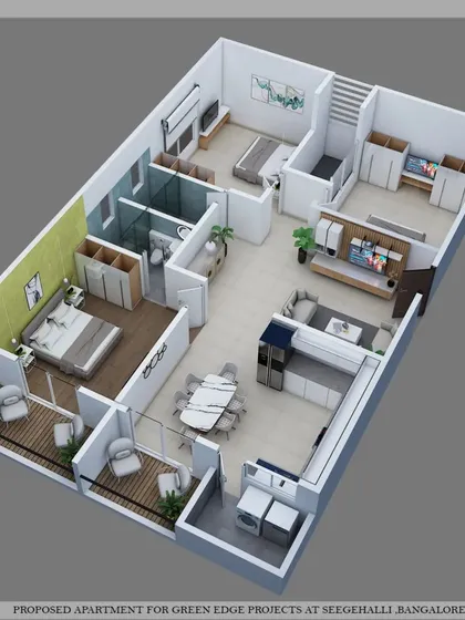 This 3D floor plan illustrates a spacious 2BHK luxury flat. It clearly shows the open-plan kitchen and dining area, the bedroom layouts, and how each space connects to the next.