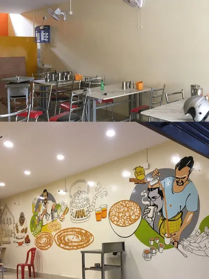 The transformation is our favorite part. This before and after shot shows how we took a plain restaurant wall and turned it into a vibrant, story-telling mural that completely changed the feel of the space.
