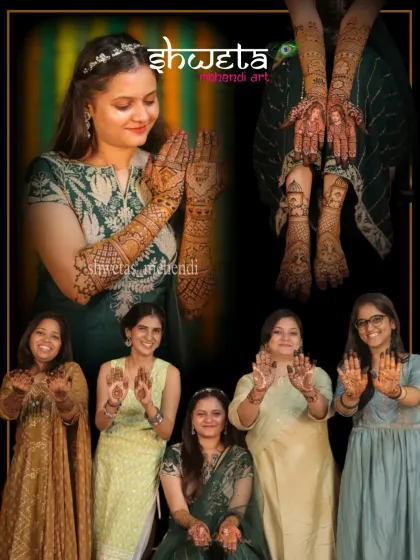 Mehendi is a celebration for everyone. Here you can see a happy bride with her bridesmaids, all adorned with beautiful designs by me and my team. We handle group bookings for the entire wedding party.