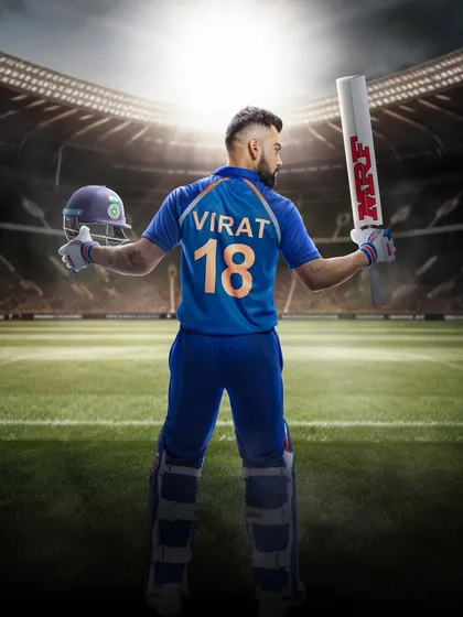 The reverse angle of the G.O.A.T, Virat Kohli, for the MRF campaign. This shot highlights the iconic jersey and powerful stance, creating a heroic portrait that resonates with fans.