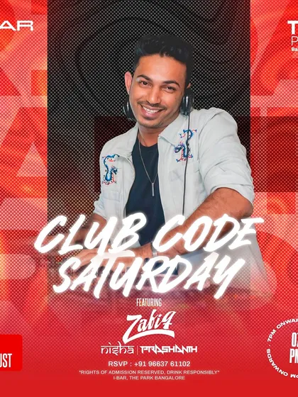 A "Club Code Saturday" at i-Bar, with a clean, red and white design.