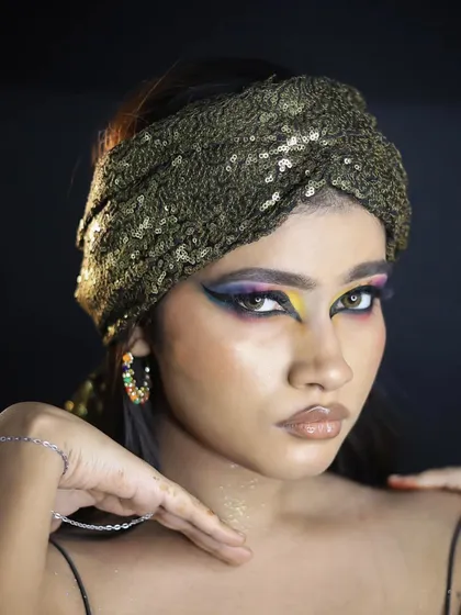 Another angle of the look, highlighting the glossy lips and flawless skin.