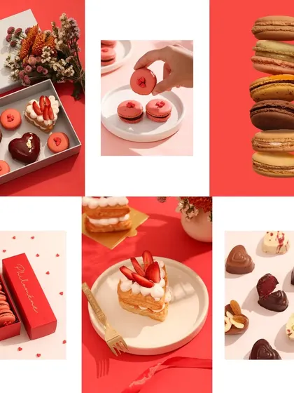 This collage provides a complete overview of a Valentine's dessert collection. It showcases everything from gift boxes and macarons to plated pastries, giving a full picture of the special offerings.