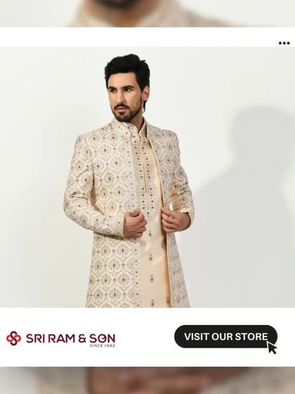 Ready to stand out on your special day? This stunningly crafted off-white sherwani blends tradition and style, ensuring you make an unforgettable entrance.