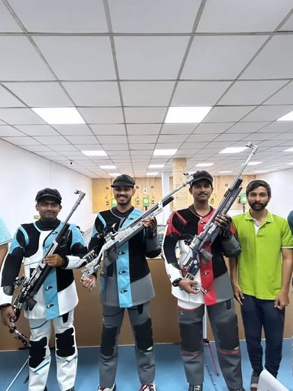 Likhith NR and his fellow rifle shooters after the senior men's final event, where his performance earned him a gold medal.