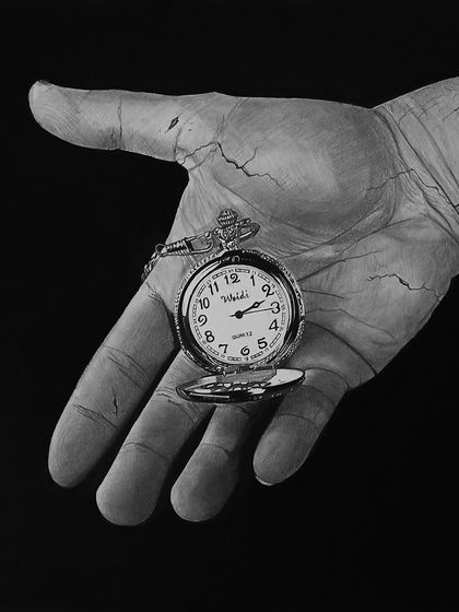 "Time." This drawing features a hand holding a vintage pocket watch, with cracks running through the skin. It explores the fragile and broken nature of time.