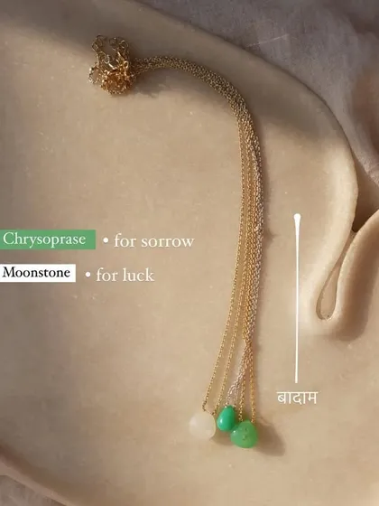 My 'Badamcha' heart-shaped drop pendants in white moonstone and green chrysoprase. These make beautiful gifts, with moonstone for new beginnings and chrysoprase for healing a broken heart.