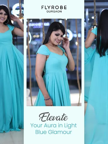 Elevate your aura in this light blue glamour. This collage shows off a beautiful gown that's perfect for any evening event.