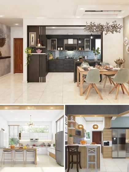 This collage showcases our versatility in kitchen design, from dark and modern layouts with partitions to bright, open kitchens with island counters and traditional wood finishes.