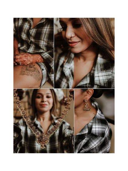 A collage of the bride's getting-ready moments, from her henna details to her beautiful jewelry, captured in a modern, casual style.