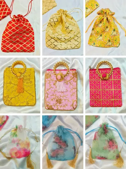 Wrap your gifts in style with our festive potli bags. This image shows a wide variety of designs, from traditional brocade and embroidered bags to modern floral printed ones.