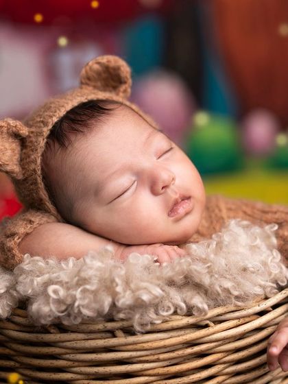 A close-up of the sleeping bear cub, highlighting the soft textures and peaceful atmosphere of the mushroom forest theme.