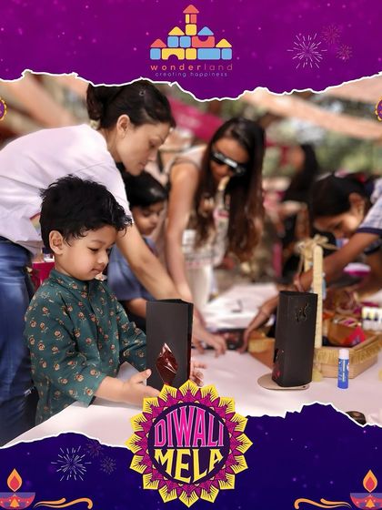 At our Diwali Mela, children get hands on with festive crafts. Here, a little one is deeply focused on creating a beautiful piece of art to take home, a perfect memento from a day of celebration.