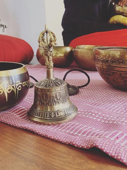 The Ghanta, or ritual bell, used in our sound healing sessions. Its clear, high-frequency tone helps to clear the space and focus the mind, preparing participants for a deeper meditative experience.