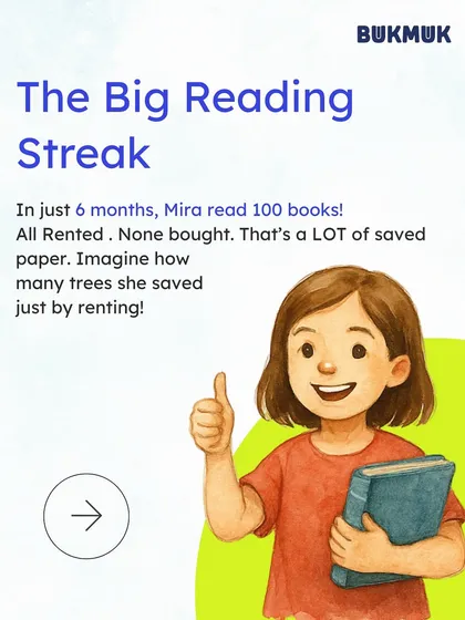 Meet Mira, an eco warrior who loves to read. This story shows how renting books from Bukmuk helped her read 100 books in 6 months, saving trees and earning her an Eco-Reader badge. Renting is a powerful way to help the planet.
