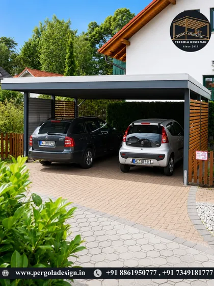 A practical and stylish solution for a two-car household. This carport uses a durable, powder-coated aluminium frame with a solid, weatherproof roof. The side panel with wooden slats adds a touch of warmth and privacy to the clean, functional design.