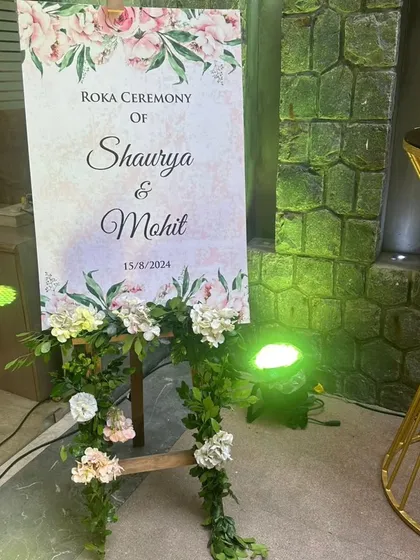 A beautiful welcome sign for a Roka ceremony, decorated with pastel flowers and greenery to match the event's theme.
