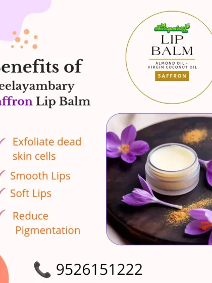 Here are the key benefits of my Saffron Lip Balm. It exfoliates dead skin cells, smoothens and softens lips, and helps reduce pigmentation, all with natural ingredients.