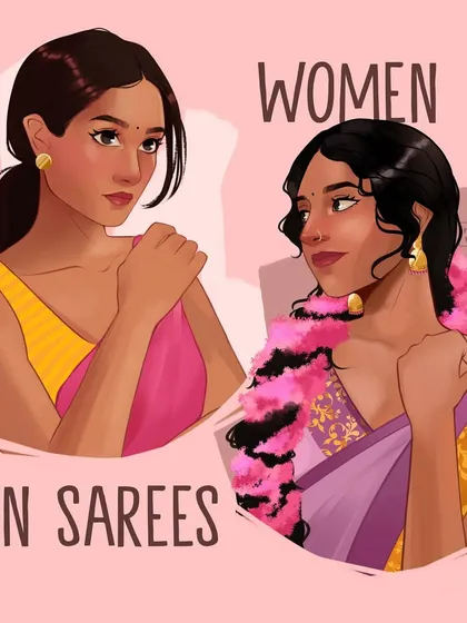 A composition featuring two distinct portraits of women in sarees. This piece showcases my ability to render different expressions and traditional attire in my signature semi-realistic style.