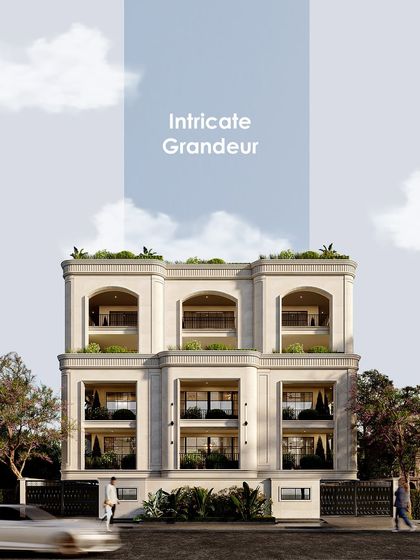 A refined expression of scale and form, this facade stands as a testament to thoughtful design. Arched motifs and cascading layers bring depth, while the soft neutral palette keeps the grandeur grounded in sophistication.