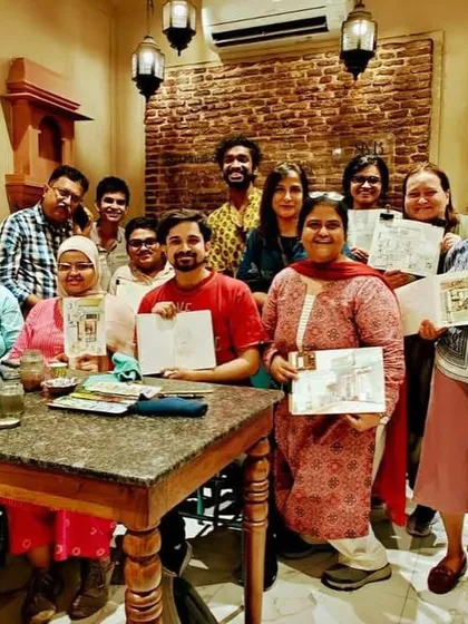 The Urban Sketchers Delhi group after our session at Chandni Chowk, sharing our work over some food. The community aspect is what I love most.
