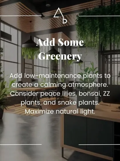 Adding greenery is a simple yet effective way to create a calming atmosphere in an office. We suggest low-maintenance plants like peace lilies and snake plants, combined with ample natural light, to improve well-being.