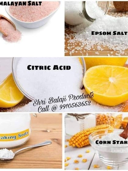 These are the essential dry ingredients for making bath bombs. I supply high-quality citric acid, baking soda, corn starch, and salts like Epsom and Himalayan pink salt.