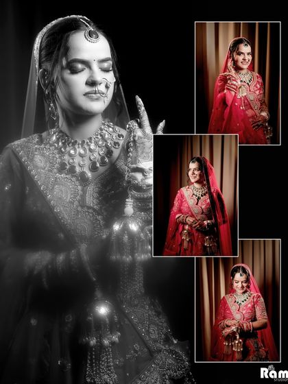 An artistic black and white collage of the bride's portraits, with a soft, ethereal main image and smaller, clearer insets.