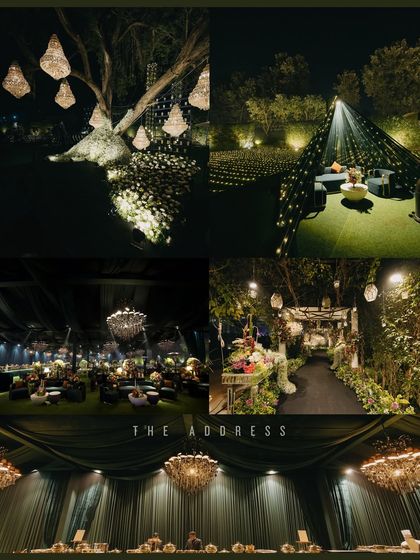 A collage showcasing the enchanting decor of Nikita and Pushkar's evening event. The hanging chandeliers and fairy lights created a magical, glamorous atmosphere that we loved to capture.