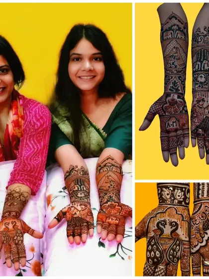 A collage showing two happy clients and close-ups of their beautiful, matching traditional mehndi designs.