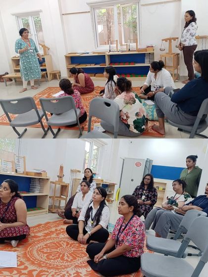 A group discussion during our workshop at Legacy School. We facilitate these sessions to help teachers connect Montessori theory to their daily classroom practice.