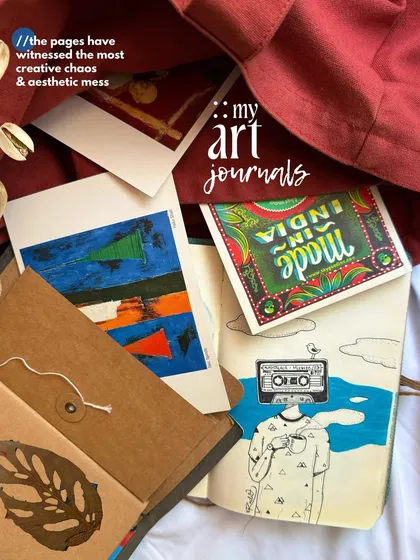 What's in my bag? A flatlay collage of my art journals and essentials, a portable universe of creative chaos.