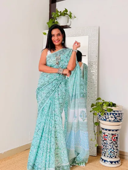 This light blue cotton Mulmul saree with a block print design is perfect for a casual day out. The fabric is super soft and comfortable.