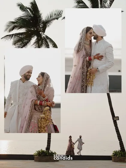A collage of romantic portraits of the Sikh couple by the beach. The soft light and palm trees create a beautiful, serene atmosphere for their wedding photos.