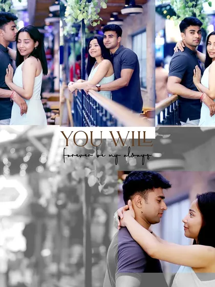 This pre-wedding collage captures candid, intimate moments in a casual, urban setting. It shows the couple's comfortable and affectionate bond, perfect for social media sharing.