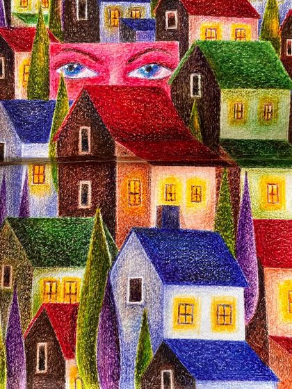 A close-up of the 'mystery neighborhood' drawing, highlighting the texture of the pencil on paper.