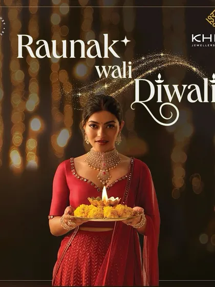Prakruti Mishra in a classic festive look for the Khimji Diwali campaign. Holding a diya, her makeup is warm and traditional, with a defined eye and a bindi to complete the look.