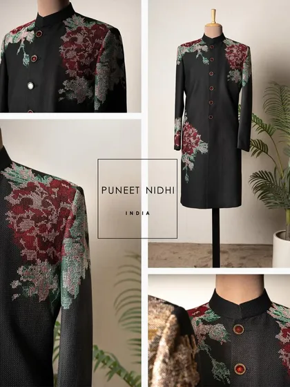 A collage showcasing the details of the vintage rose embroidered achkan. Every angle reveals the depth of the threadwork and the richness of the fabric.