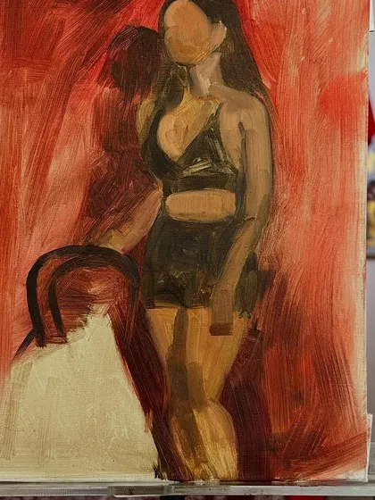 The initial block-in of the figure painting. This stage is all about establishing the composition and the major shapes of light and shadow before refining the details.