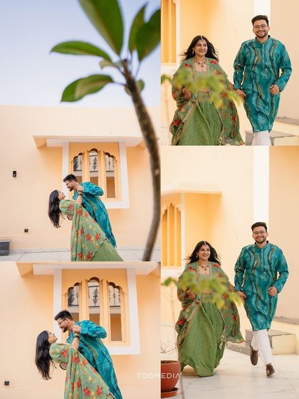 A collage showing a couple's playful and romantic moments during their Haldi celebration, highlighting their vibrant outfits and happy interactions.